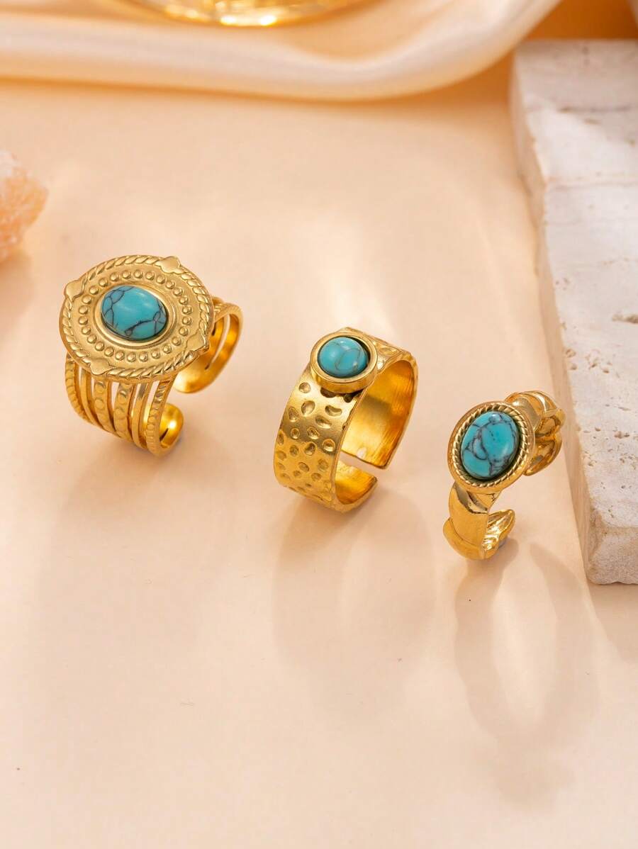 3pcs Vintage Boho Turquoise Ring Set, Fashion Personalized Rings For Women, Antique Bohemian Style Jewelry, Suitable For Daily And Party