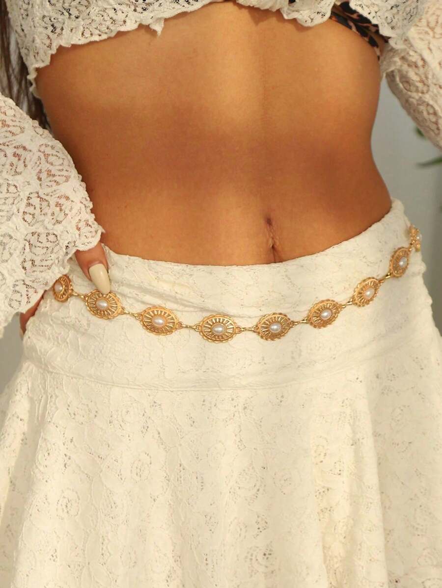 1 Piece Of New Summer Women's Fashion Decoration With Skirt, Suit Belt Inlaid With Faux Pearl Chain Waist Chain, Suitable For Women To Wear At Outings, Gatherings, And Dances