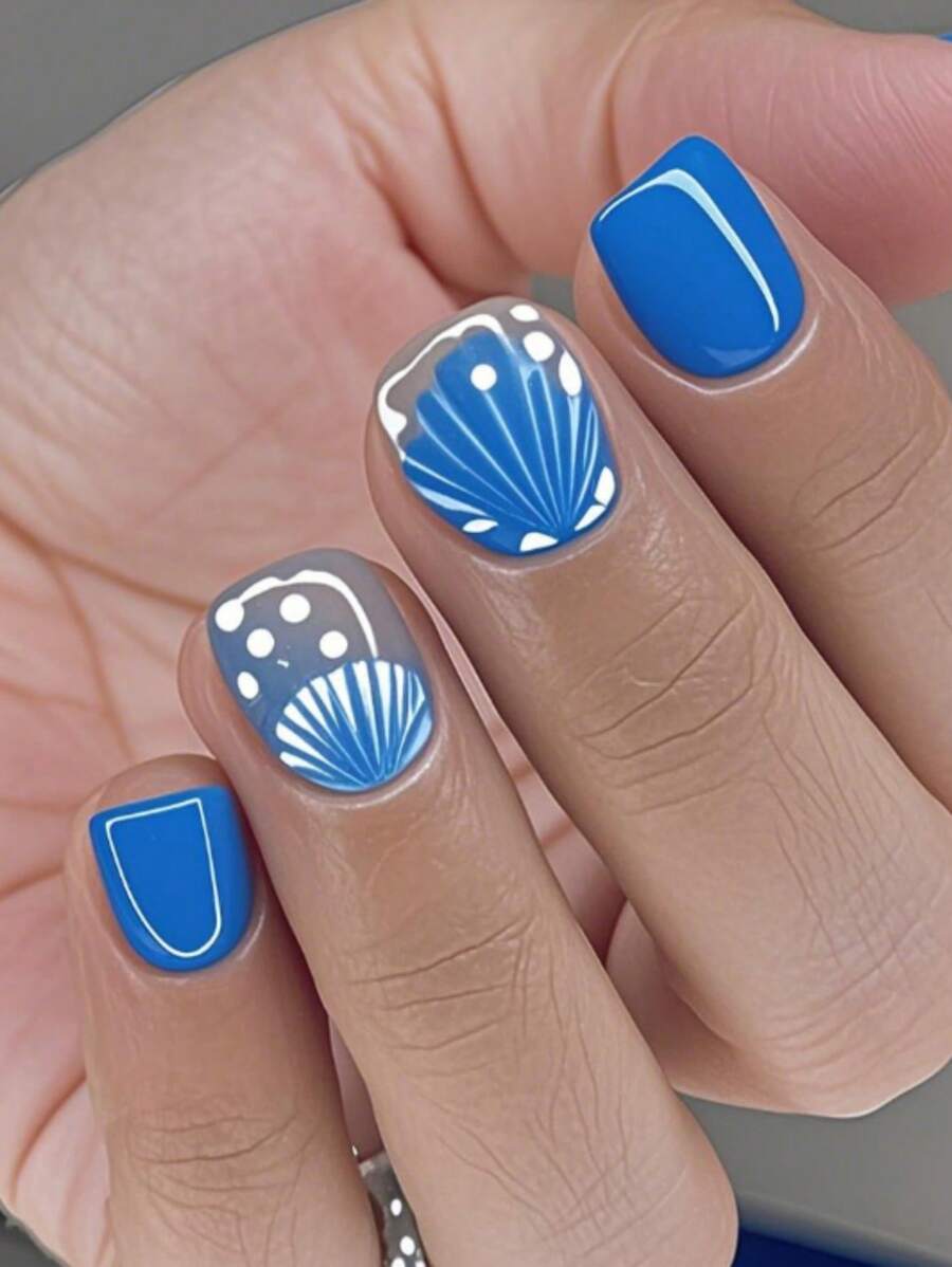 24 Pcs Matte Blue Seashell Design Short Square Nail Art False Nails, With Nail File, Upgrade Your Look