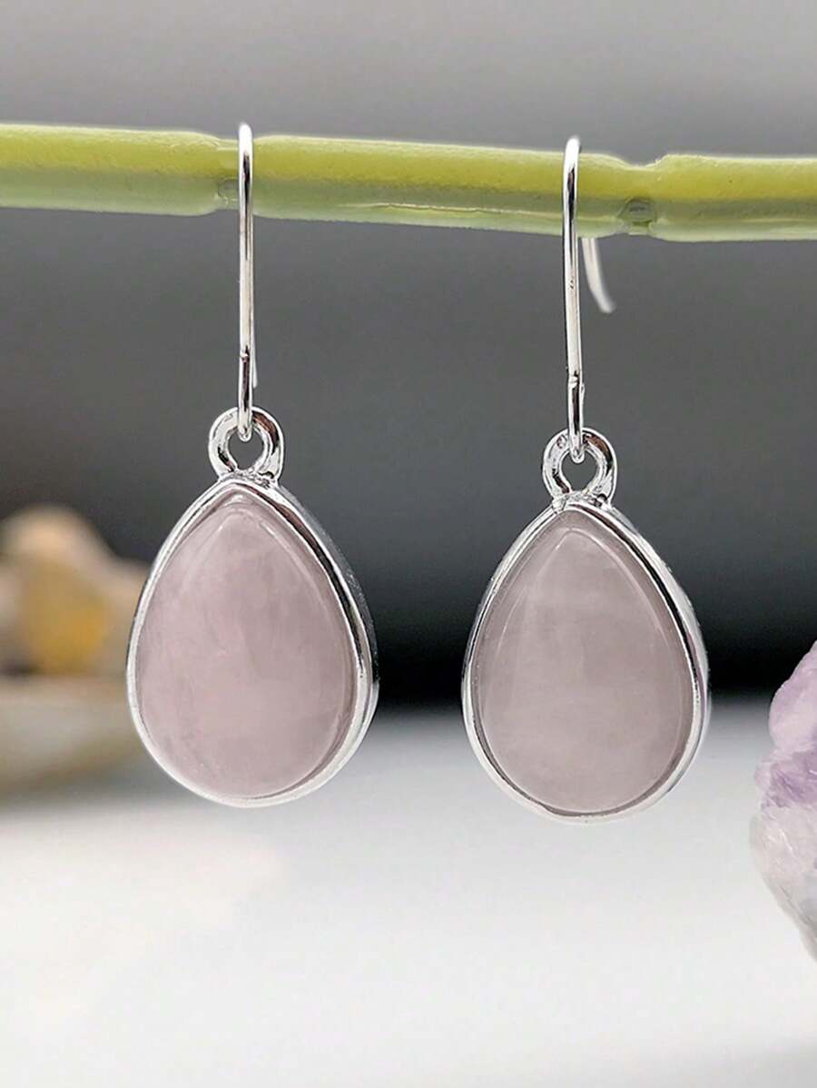 1 Pair Vintage Silver-Tone Inlaid Natural Quartz Teardrop Dangle Earrings