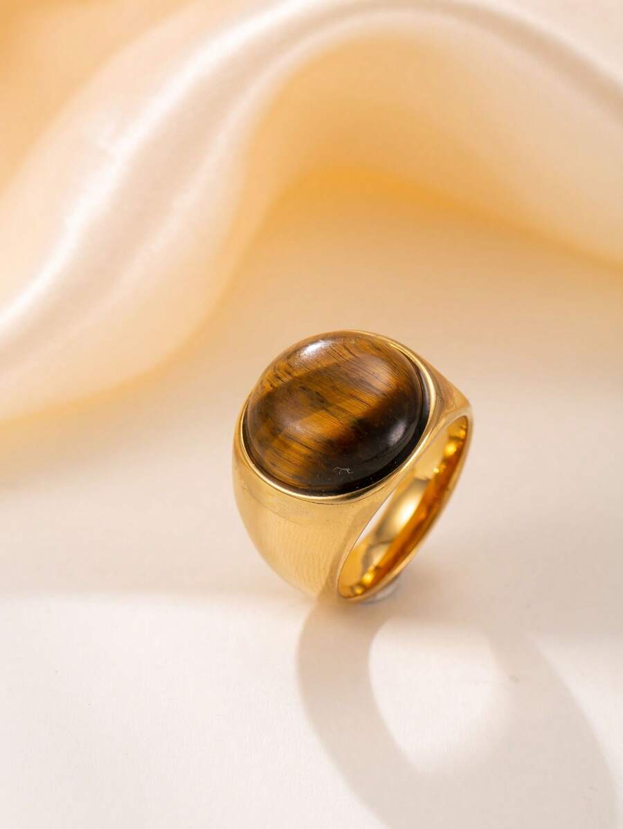 1 pieza Anillo redondo vintage de acero inoxidable con tono dorado y piedra marrón, disponible en múltiples tallas, adecuado para uso diario de mujer o como regalo