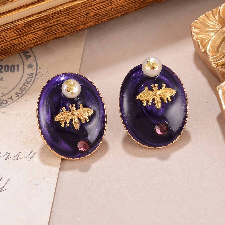 1 Pair Fashion Oval Drip Oil Bee Inlaid Design Women Copper Alloy Daily Party Gift Earrings
