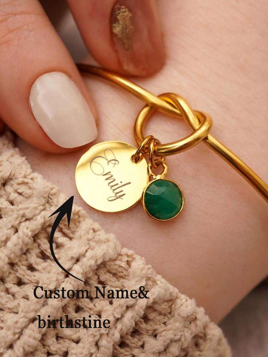 Personalised Birthstone Charms Bracelet, Friendship Knot Bracelet, Engraved Name Letter Bracelet,Silvery,Gold Color Bracelet For Her,Best Friend Gift,Stainless Steel Jewelry,Gold Bangle Bracelet, Bridesmaid Gift, Birthday Gift For Mum Sister Friend