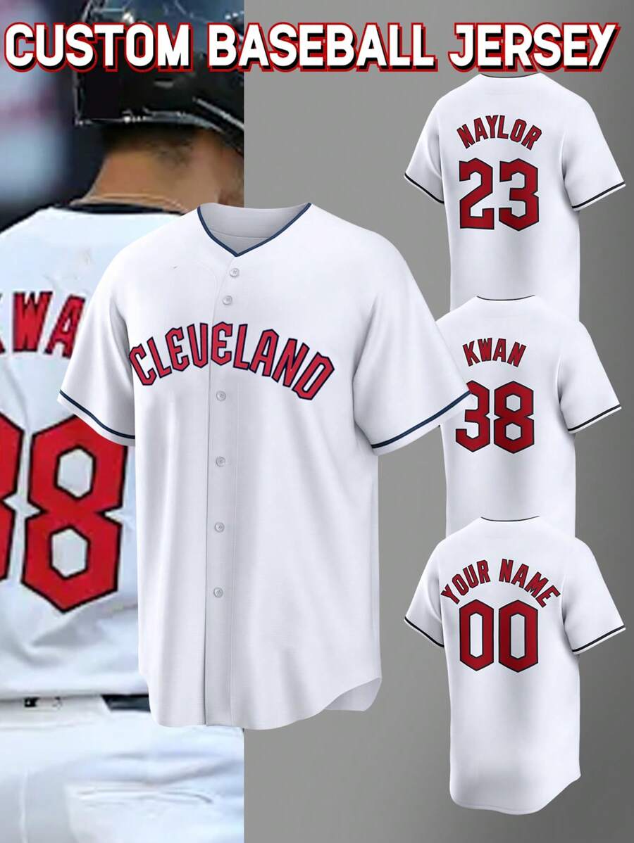 Personalisiertes Namen- und Nummern-Herren Baseball Trikot, Cleveland Weiß V-Ausschnitt, personalisiertes kurzärmeliges Knopfhemd für Partys, Spiele, Training, Sportbekleidung, Größen S-XXL