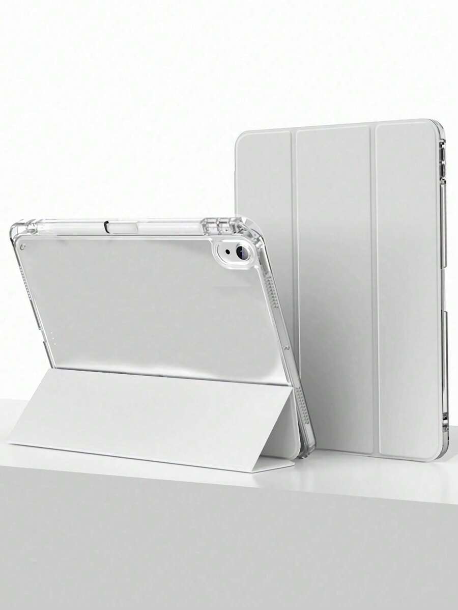 1pc Elegant Acrylic Transparent Crystal Clear Protective Case With Tri-Fold Stand, Compatible With IPad, Support Sleep/Wake, In Light Grey Color