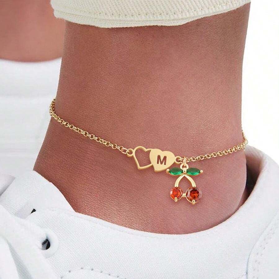 1pc Simple Classic Double Heart Hollow Initial Cherry Pendants Golden Stainless Steel Chain Anklets For Women