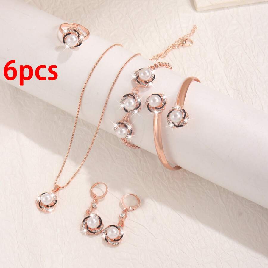 6pcs Lucky Swirl Women Jewelry Set: Necklace + Earrings + Ring + Bracelet + Bangle, Alloy Simple & Chic Design, Ideal For Birthday, Party, Christmas, Holiday Celebration, Luxurious Elegant Necklace & Earrings Showcase Your Glamorous Charm