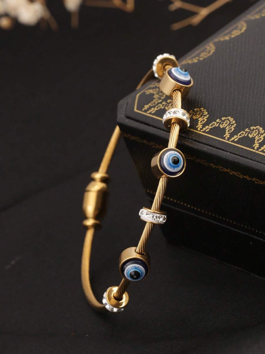 1pc 18K Gold-Plated Stainless Steel Vintage Devil's Eye Bracelet With Inlaid Cubic Zirconia Stone, Fashion Versatile Personalized Accessory, Suitable For Women Daily Party Wear, Gift For Girlfriend Or Best Friend