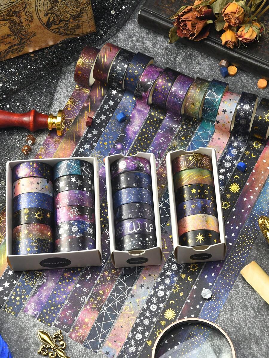 12/6rolls/Box Galactic Splendor Star Washi Tape, Scrapbook Supplies Tape Dispenser Washi Tape, Starry Sky Bronzing Washi Tape Set With Dream Planet Design(0.59*78.74in) School Supplies, Back To School