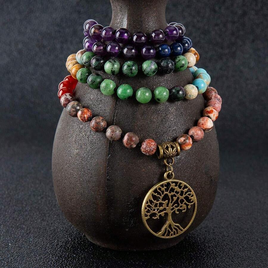 108 Natural Stone Mala Bead Colorful Gemstone Meditation Yoga Prayer Beads Necklace, Suitable For Men And Women As Multi-Layer Wrap Bracelet