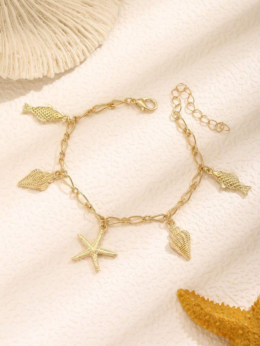 1 pieza Pulsera elegante y linda de niñas con estilo océano creativo, con colgantes de concha, estrella de mar y perla falsa, ideal para uso regular, vacaciones de playa y verano