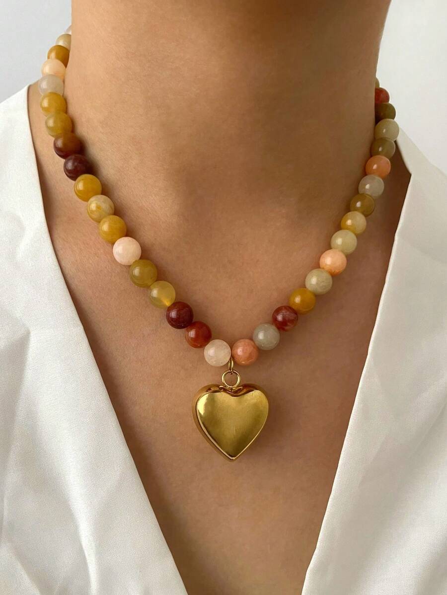 1pc Stainless Steel Heart Pendant Necklace With Mixed Natural Stones, Suitable For Daily Wear (Natural Stone Color Random)