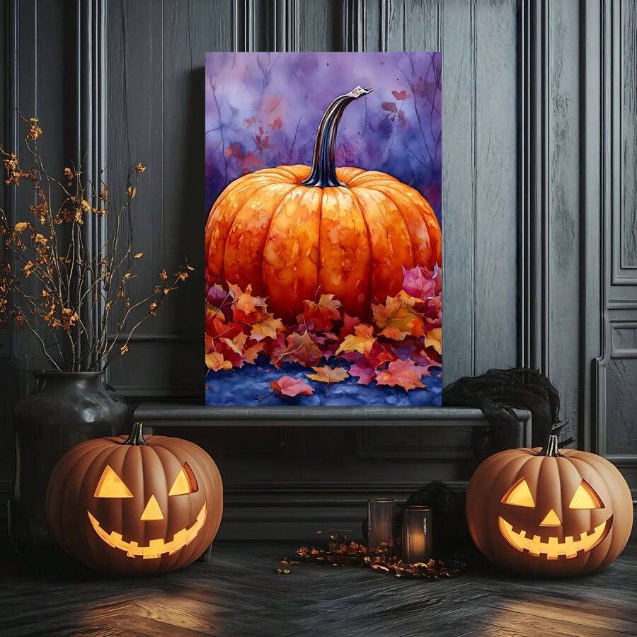 1 Piece,Colorful Pumpkins, Fallen Leaves, Watercolor Style, Vibrant, Autumn Background,Halloween Modern Frameless Art Decoration Painting, Printed Posters Mural, Waterproof Canvas,Suitable For Home, Office, Bedroom, Living Room, Study, Bathroom, Bar, Wall Arts And Home Decoration, Is An Ideal Holiday Gift Halloween Decor Fall Decor Room Decor