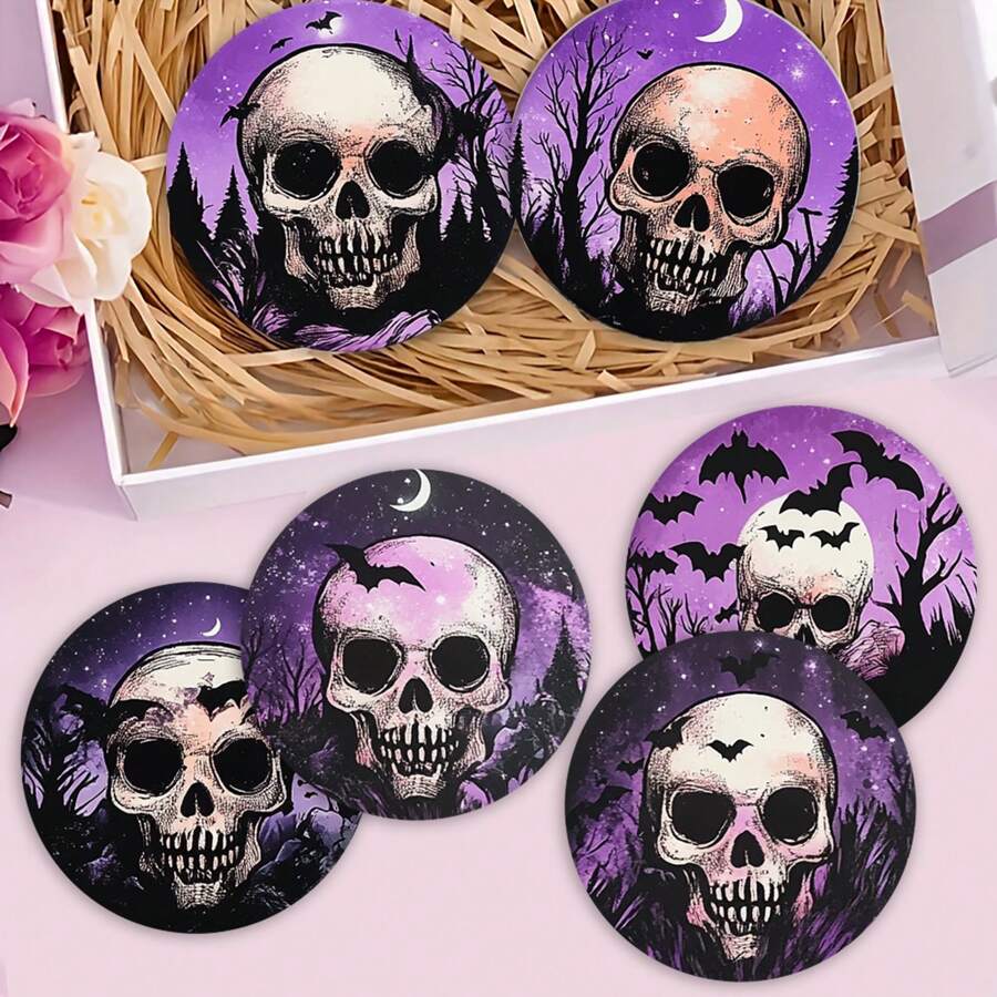 1 set/4 pièces/6 pièces de dessous de verre en boue de diatomées à motif de cadre de crâne violet d'Halloween, dessous de verre à fleurs pour café, décoration multioccasion pour la maison et le restaurant, cadeaux quotidiens, décoration de table, décoration quotidienne, décoration de fête à thème