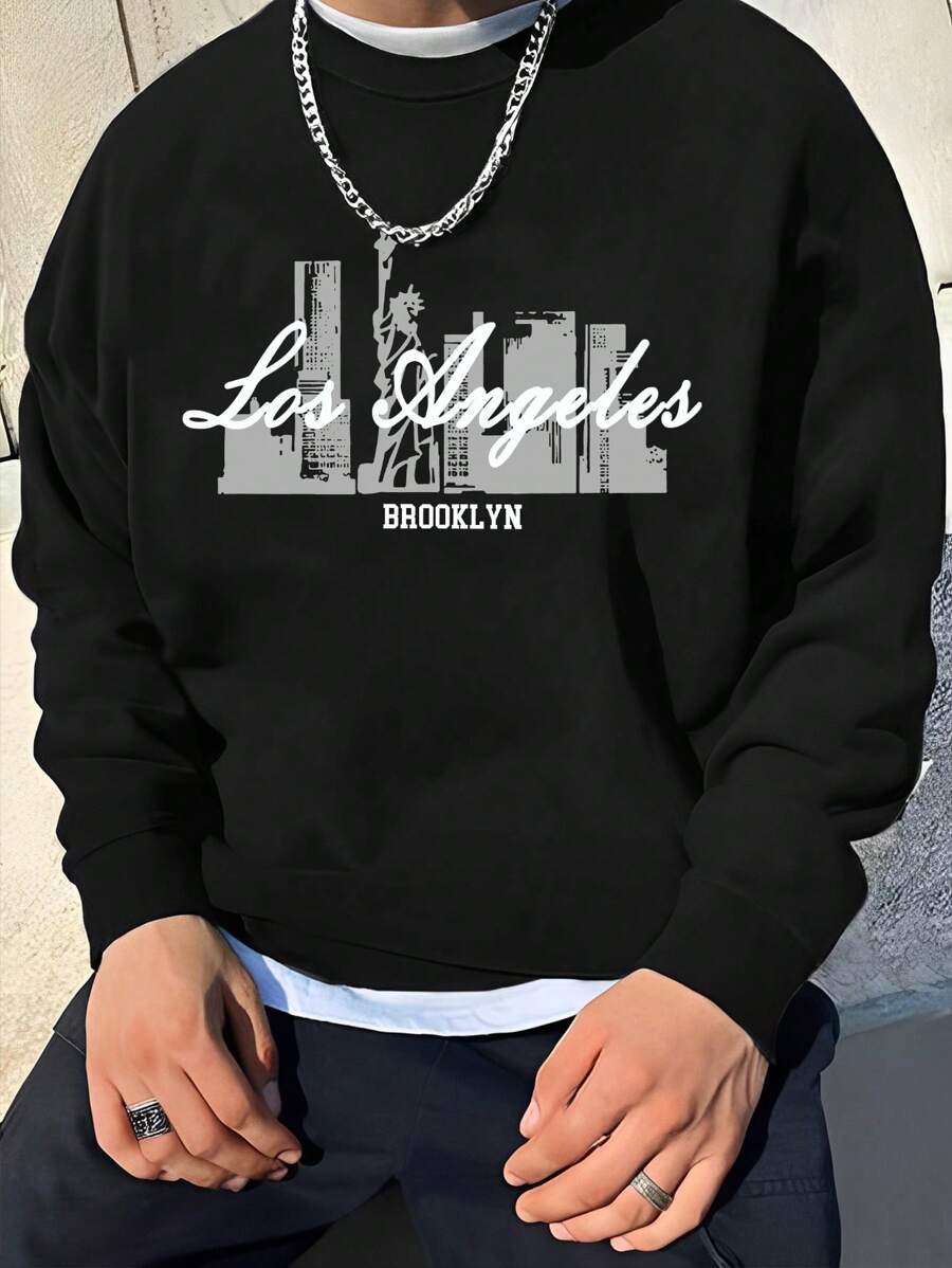 Men's Spring/Autumn New Sports Casual Sweatshirt, Los Angeles, Brooklyn, Statue Of Liberty City Skyscrapers Graphic Print Sweatshirt, Suitable For Outings, Friends, Outdoor Travel Men's Sportswear, Suitable For Daily Casual Hoodie, Gym Workout, Men's Sports, Lightweight Sports Sweatshirt, Comfortable Athletic Hiking Fishing Versatile Sweatshirt