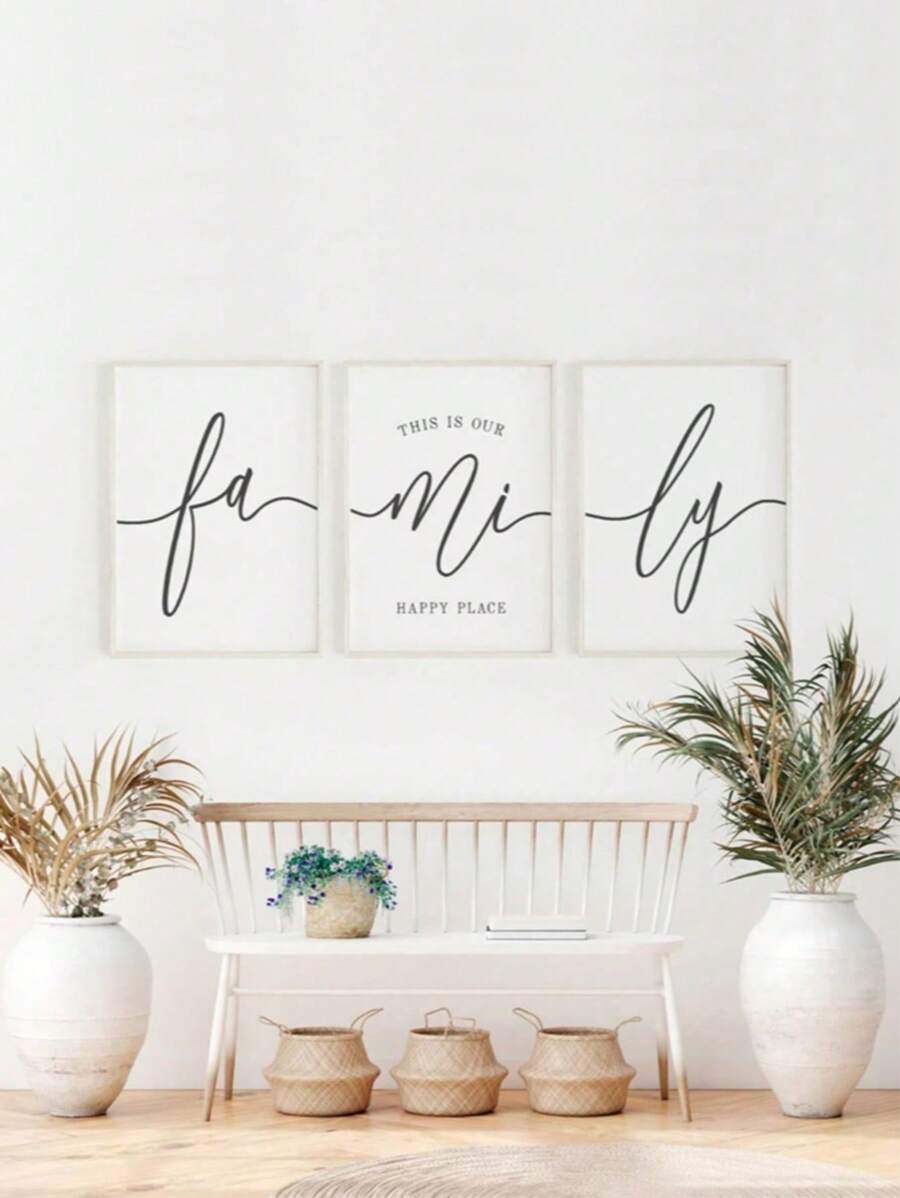 3pcs Minimalist Line-Art This Is Our Happy Place Family Sign Wall Art, No Frame