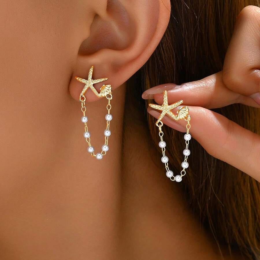 1 par de pendientes vintage de estilo playero con diseño de estrella de mar y concha con perlas falsas, diseño único con cuentas de estrella, adecuados para fiestas, regalos y uso diario