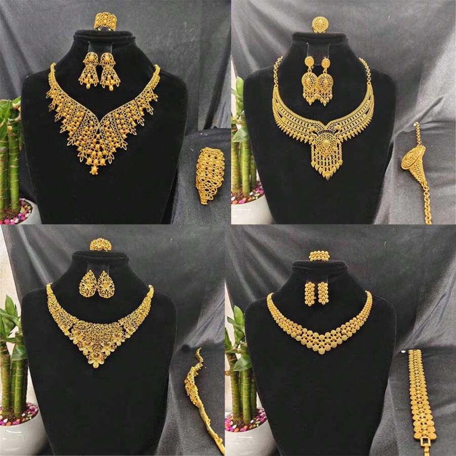 5pcs Middle Eastern Bridal Jewelry Set Necklace Earrings Ring Bracelet Accessory