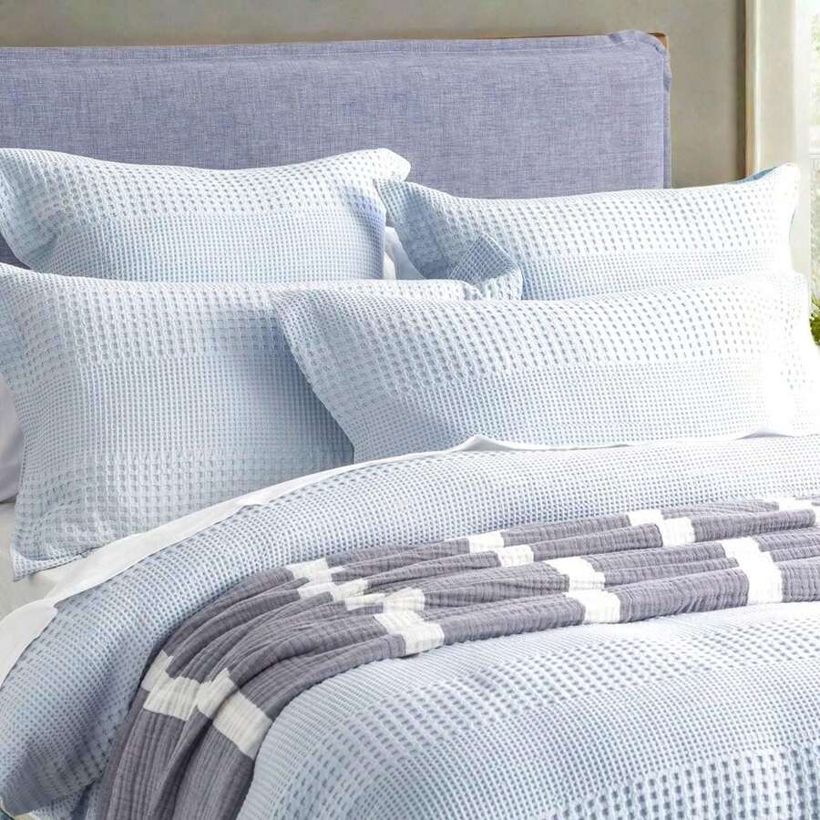 Sky Blue Waffle Cotton Jacquard Quilt Cover Set - Elegant Queen Bedding Collection By Renee Taylor
