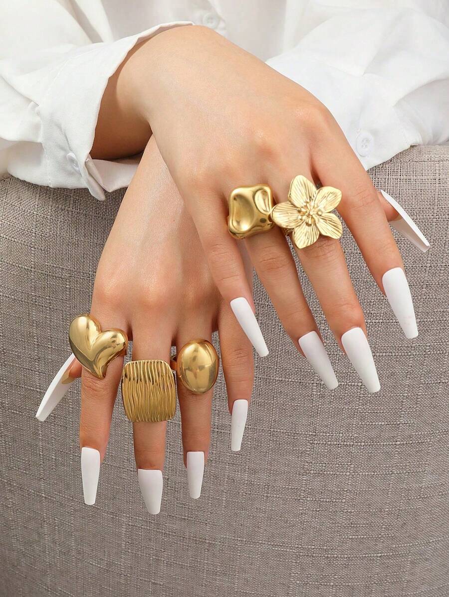 5pcs Stainless Steel Fashionable Exaggerated Golden Flower Heart And Other Shapes Ring Set, Suitable For Ladies To Wear Daily Or Give As Gifts