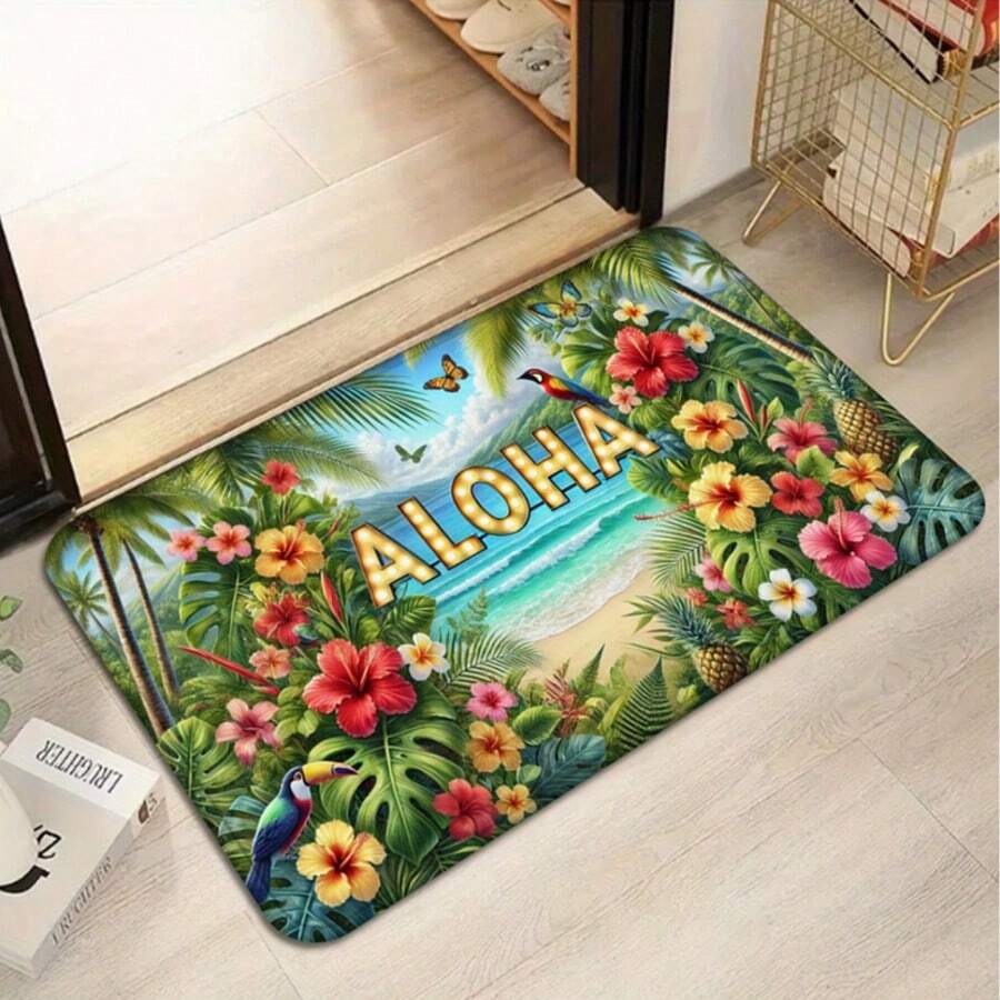 Floral & Letter Pattern Doormat, Tropical Flowers "Aloha" Doormat - Vibrant Hawaiian Party Theme With Palm Trees And Flamingos, Absorbent Flannel Printed Mat