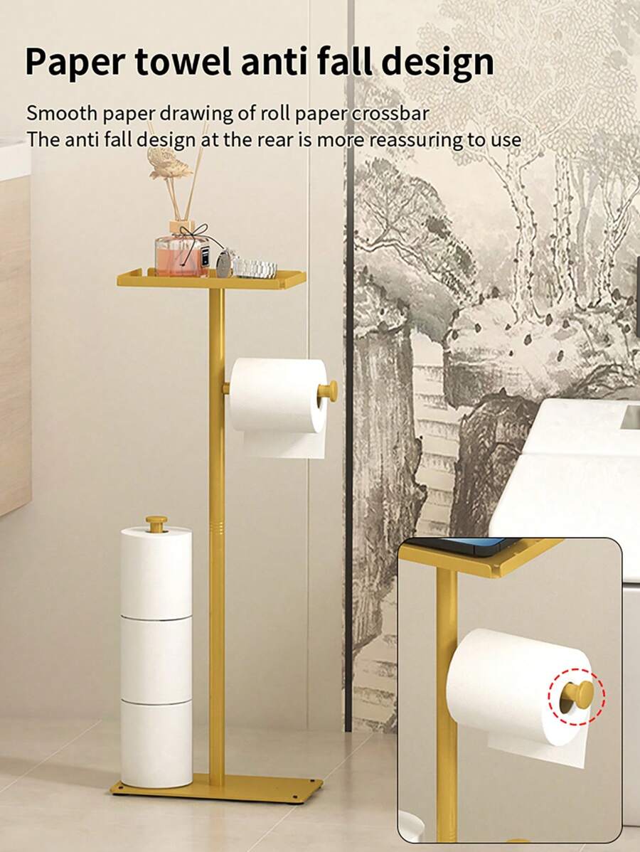 1 pièce Support de papier toilette autoportant avec étagère de rangement - Organisateur de salle de bain 2 niveaux pour rouleaux et mouchoirs, design gain de place, parfait pour les salles de bain modernes ou comme cadeau de Noël/Halloween. Accessoires de toilette, design minimaliste, construction durable