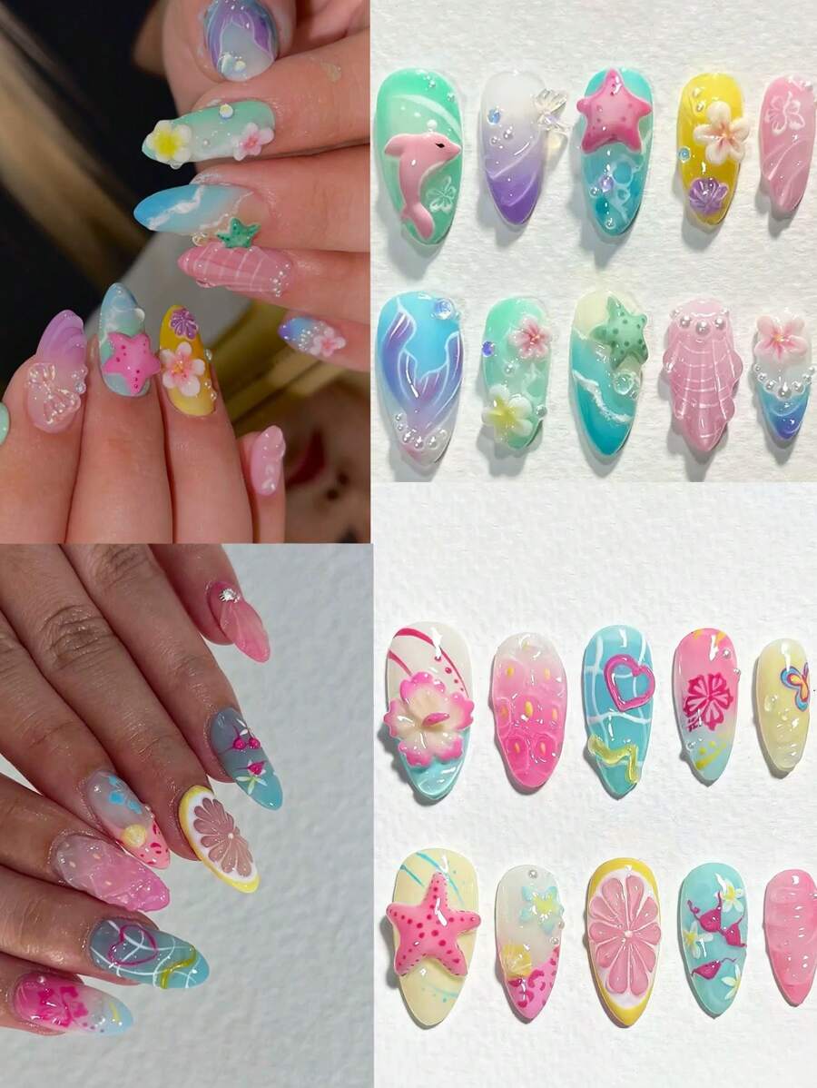 Summer Ocean Series Nails 60 Pieces (2 Mixes) Long Almond 3D Gel Nails Make Starfish Dolphin Shell Flower Nails With Pearl Decoration Design French Acrylic Press Nail Almonds Perfect Fit Fake Nail Set Includes: 1 Piece Jelly Glue & 1 Nail File, Easy To Wear Summer Nails & French Pointed Nail Art For Women & Girls For Daily Wear & Party Use