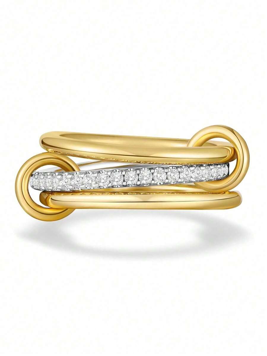 1 pieza Anillo de tres capas con enchapado en oro de 16K y circonitas cúbicas para mujer - Regalo de joyería premium
