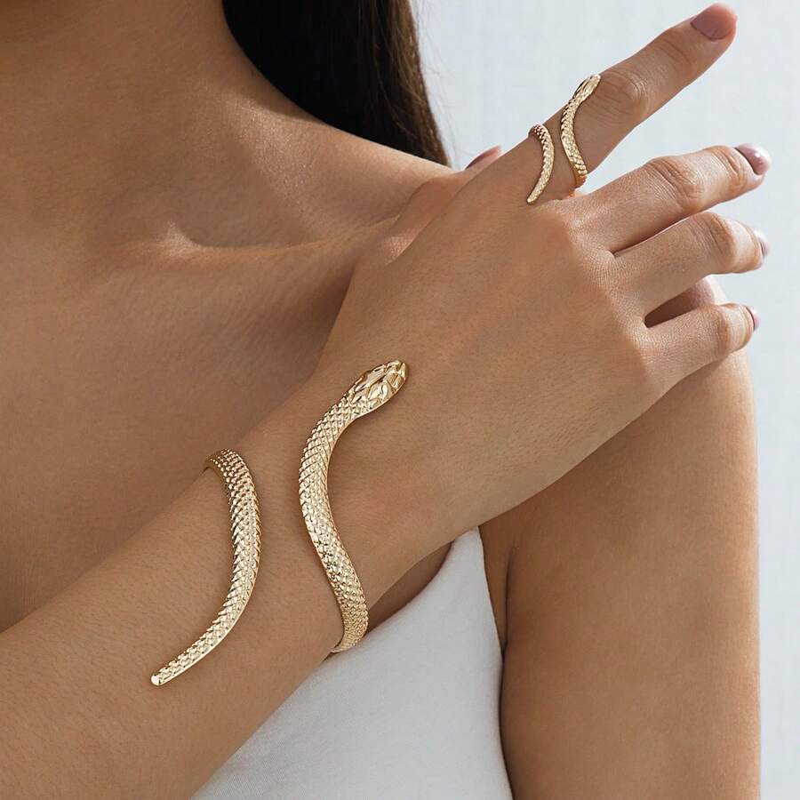 1 Set Snake Cuff Bangle Bracelet & 1 Pc Snake Ring ,Serpent Snake Bangle Ring Set , Women Gift Set , Matching Bracelet & Ring