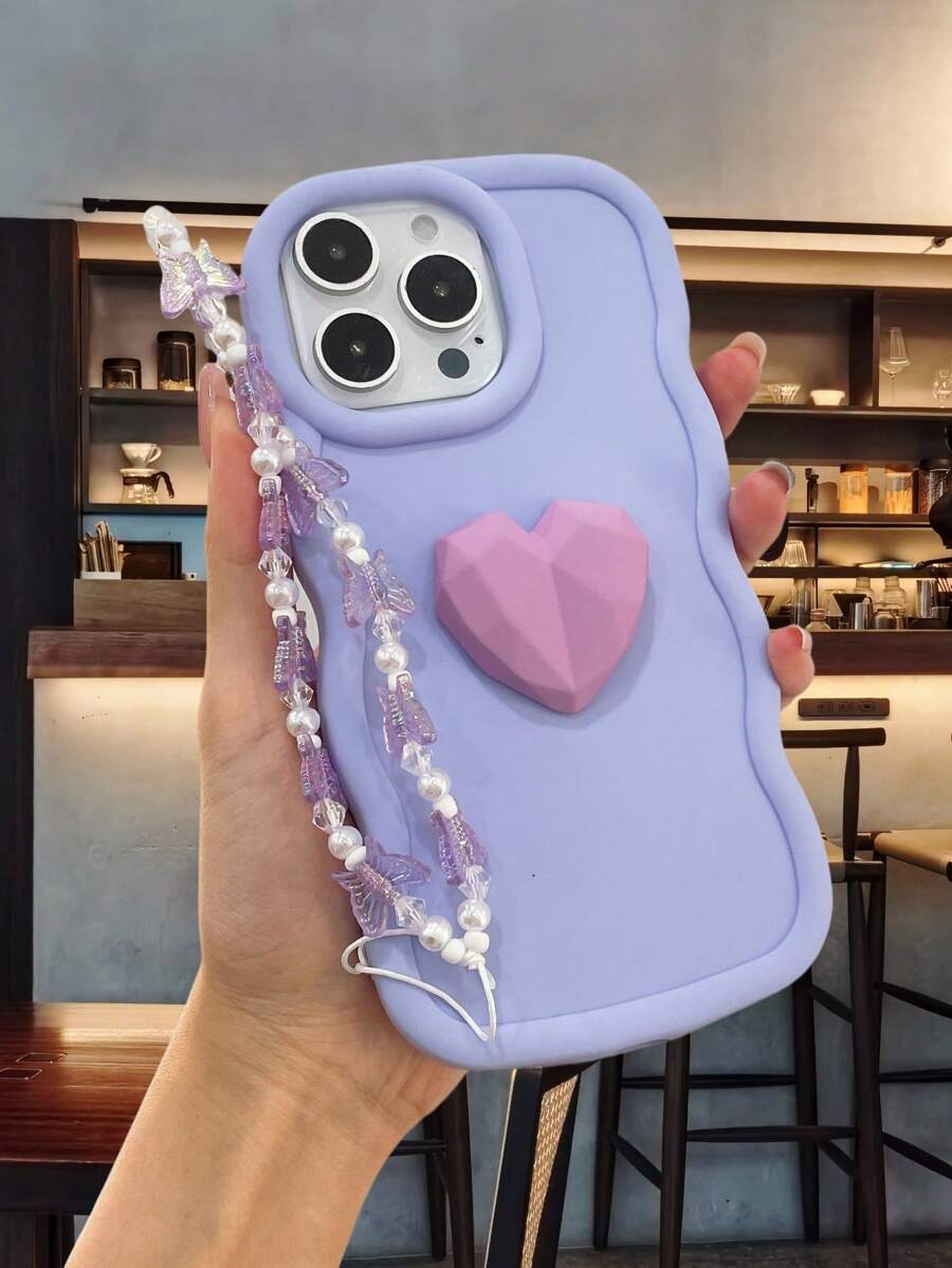 Stylish Wavy Edge Monochrome Phone Case | Shockproof & Anti-Fall | Sharp Heart + Butterfly Lanyard | Purple-Pink Tone | Shock-Absorbing Edges + Non-Slip Grip | Universal Design, Compatible With IPhone 16/15/14/13/12/11 Pro Max, S20/S21 FE, X6A/X7A/X8A, And Redmi A1/A3 | Perfect Gift For Young Girls And Fashion Enthusiasts