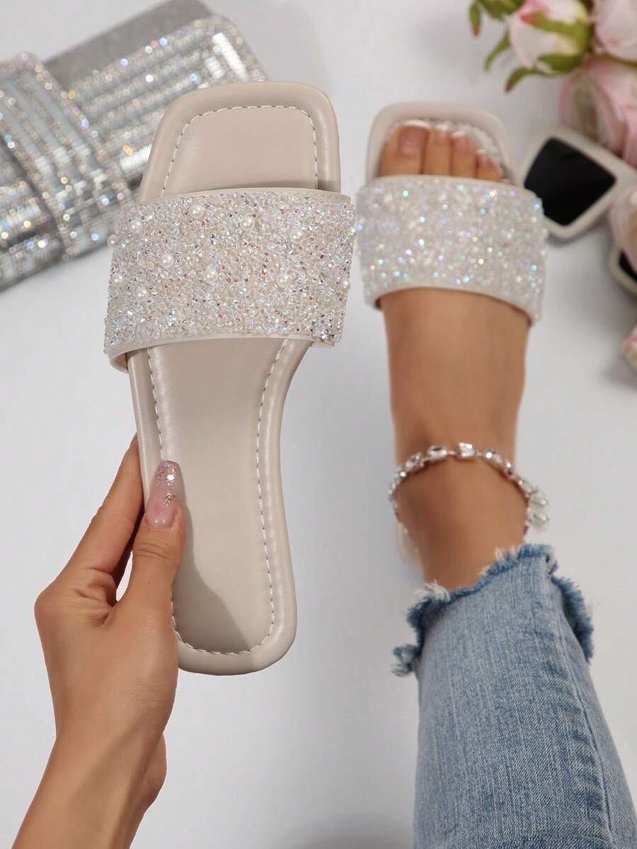 1 paire de sandales plates élégantes pour femmes, style boho sexy et casual en PU perlé, confortables et polyvalentes pour le bureau, l'extérieur, l'école, le mariage, l'été
