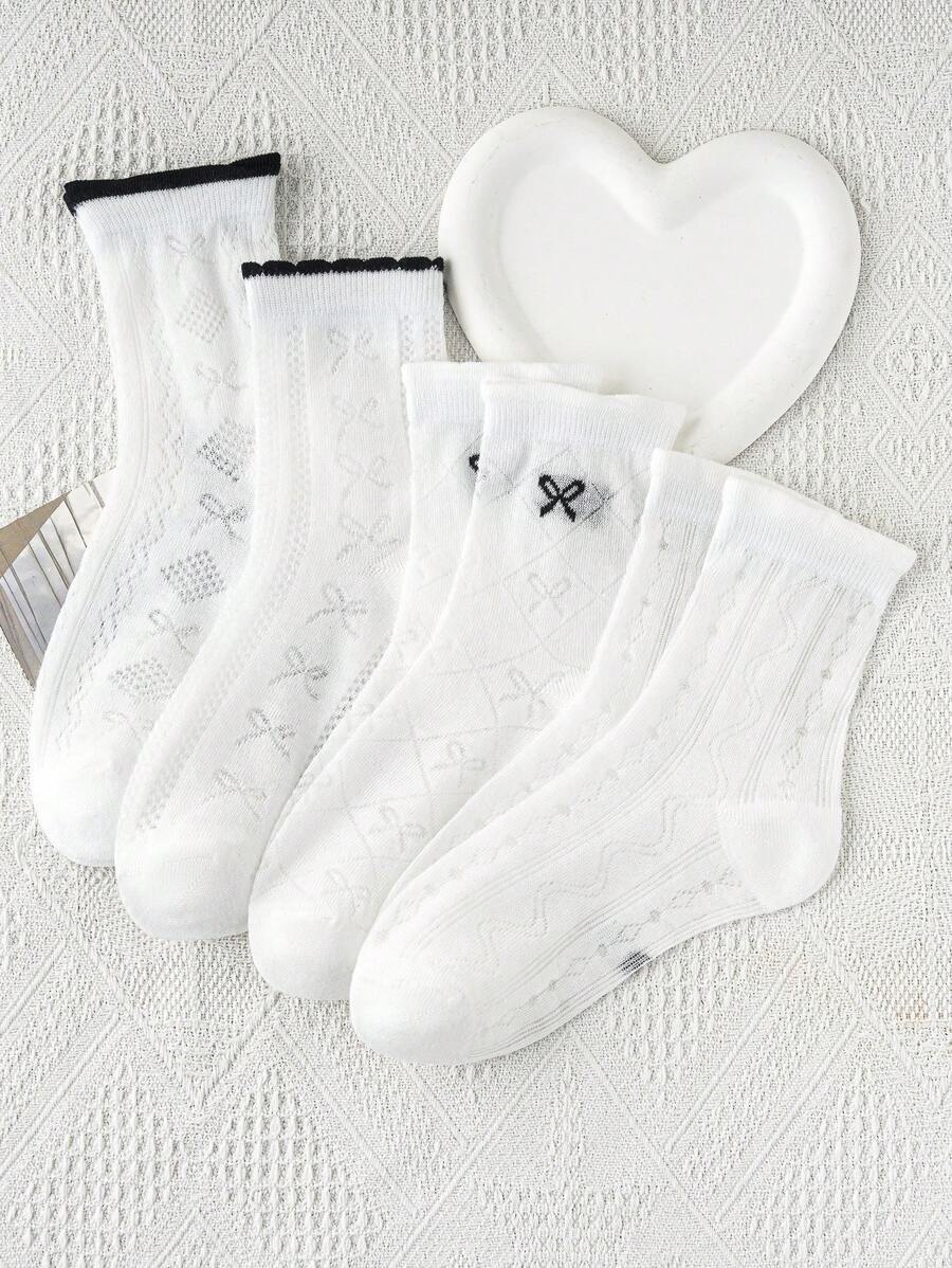 4 Pairs Girls' Bowknot Design White Mesh Casual Breathable Student Socks, Suitable For Spring/Summer Daily Wear