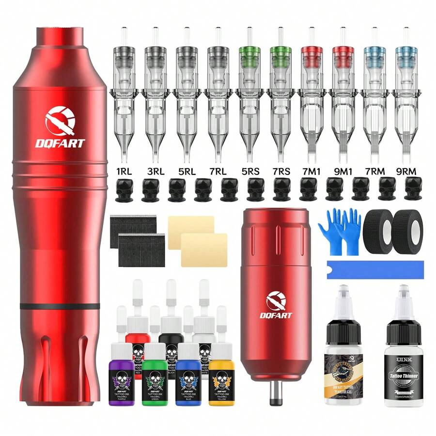 DQFART Wireless Tattoo Gun Kit, A Complete Tattoo Kit With Power Supply. Built-In Tattoo Machine, Battery Charging Compartment, Ink, Tattoo Needles And Various Tattoo Supplies. Suitable For Beginners And Artists