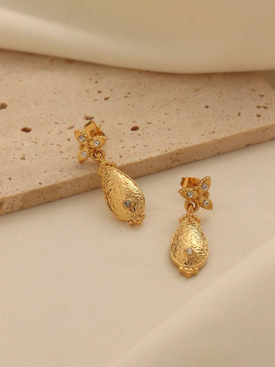 1 Pair Cute Vintage Copper Alloy Gold-Plated Crystal Rhinestone Stud Earrings, Suitable For Daily Wear, Festival Gift