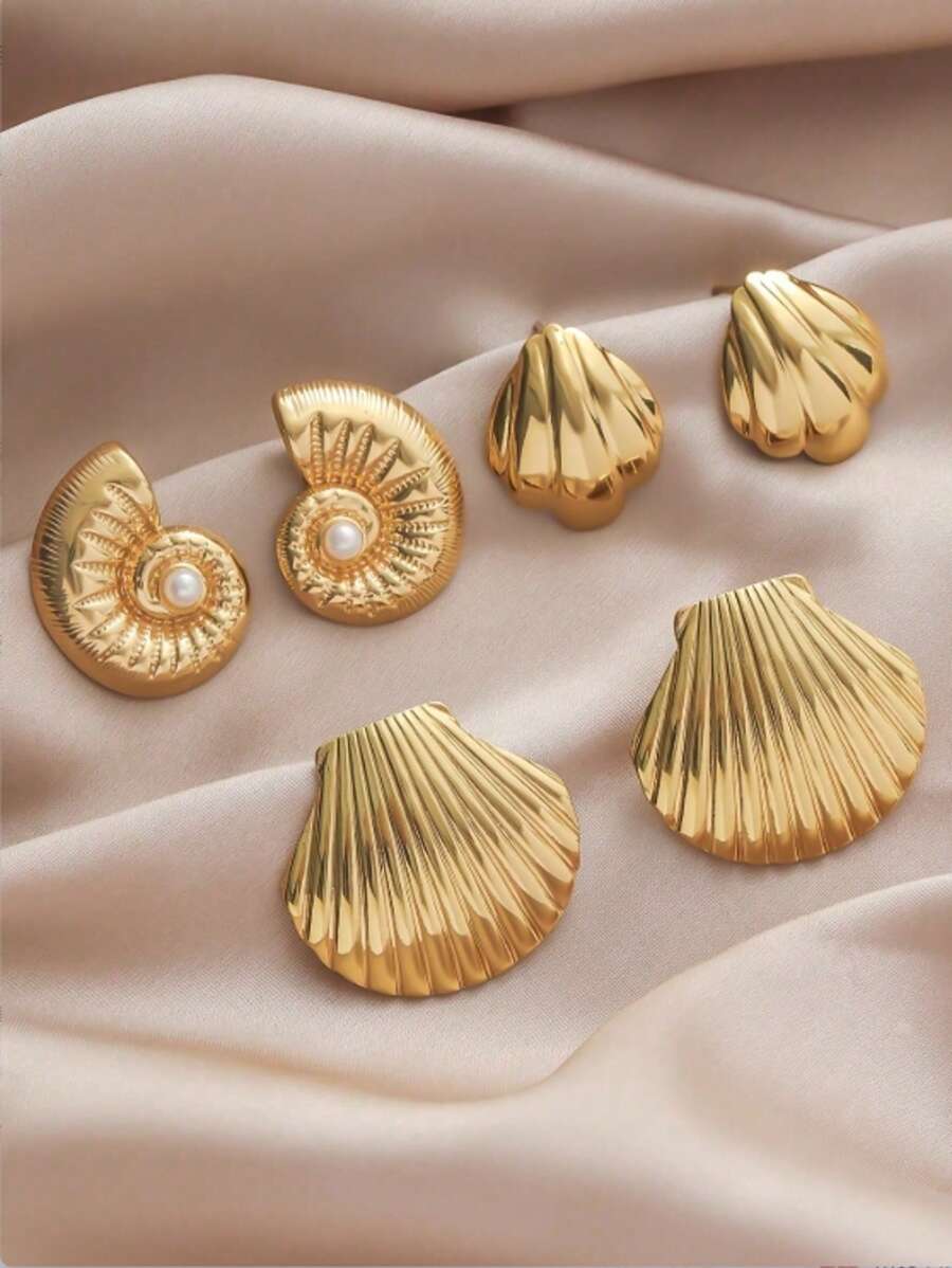 1 Pair Stainless Steel Golden Fashionable Minimalist Tropical Island Sea Shell Earrings, Suitable For Women's Summer Dates, Parties, Vacations