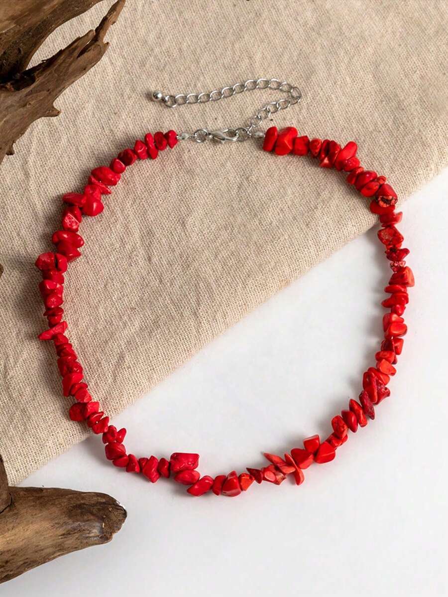 1pc Bohemian Style Vintage Elegant Asymmetrical Red Bead Necklace, Suitable For Women's Daily Wear Or Party
