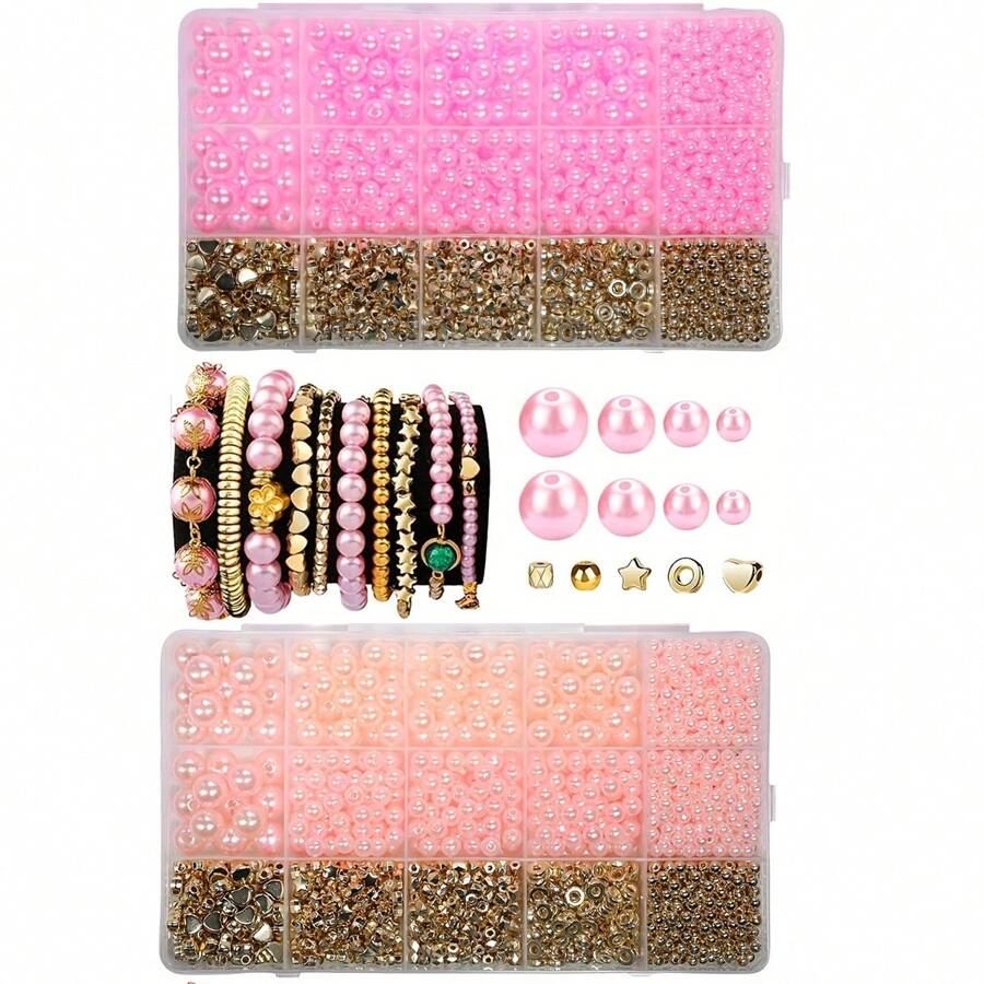 2160 peças/1080 peças de contas de acrílico de 3,5-10 mm, contas espaçadoras. Kit de confecção faça você mesmo com 15 grades, joias, enfeites e decoração. Contas decorativas. (Rosa claro, Rosa)