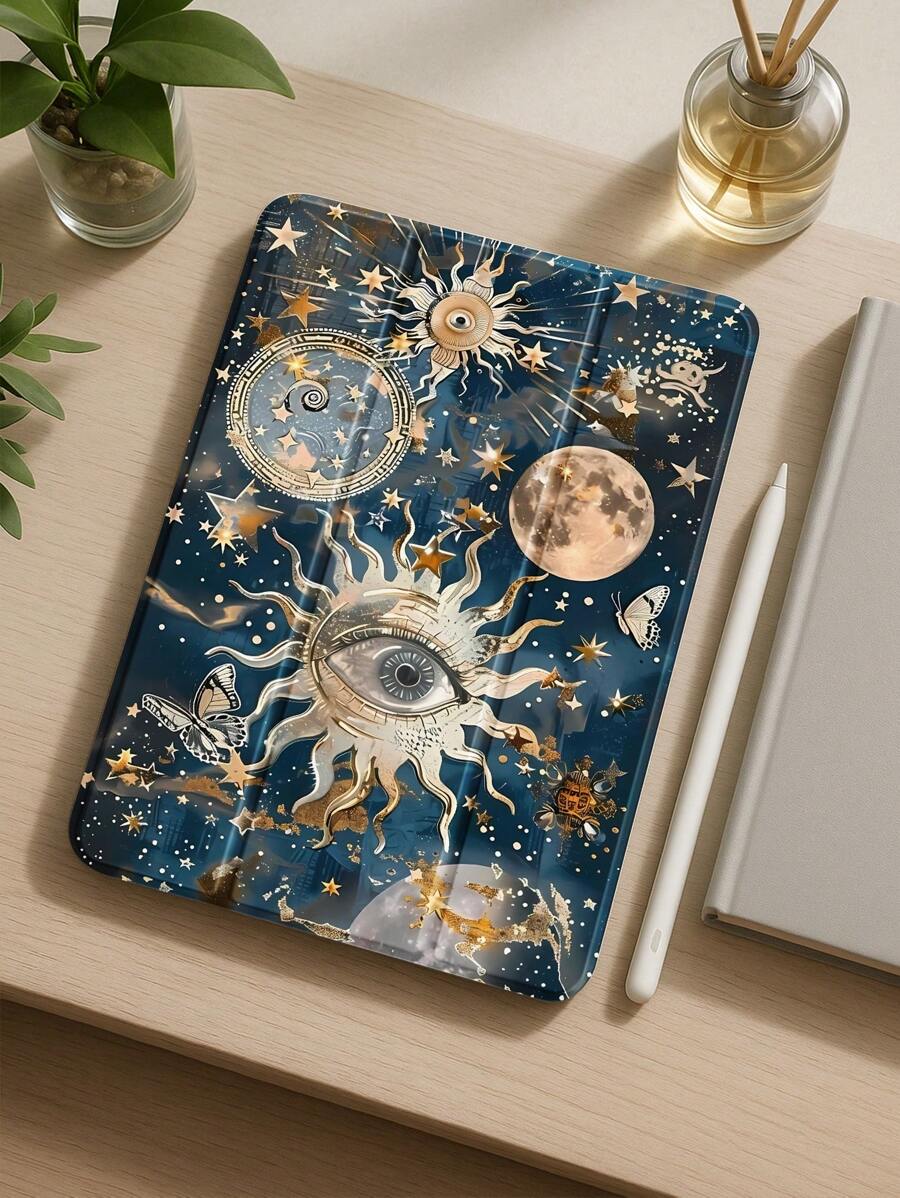 Beautiful Moon Planet Butterfly Pattern Transparent Silicone Shock-Absorbing Stand With Pen Slot, Suitable For Galaxy Tab A8 10.5, S6 Lite 10.4, S7/S8/S9Inch. It Supports Sleep Awakening As A Holiday Gift