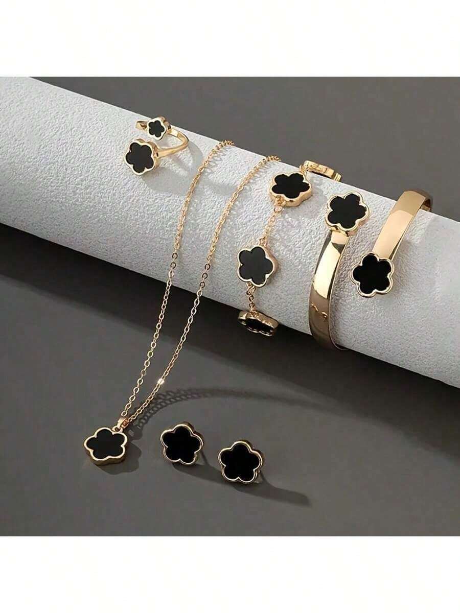 5-teiliges Set Glücksklee Halskette + Ohrringe + Ring + Armband + Armreif Legierung Schmuckset, einfaches & elegantes Design, Geburtstag, Weihnachten, Festivalfeier Mode-Accessoires für Frauen