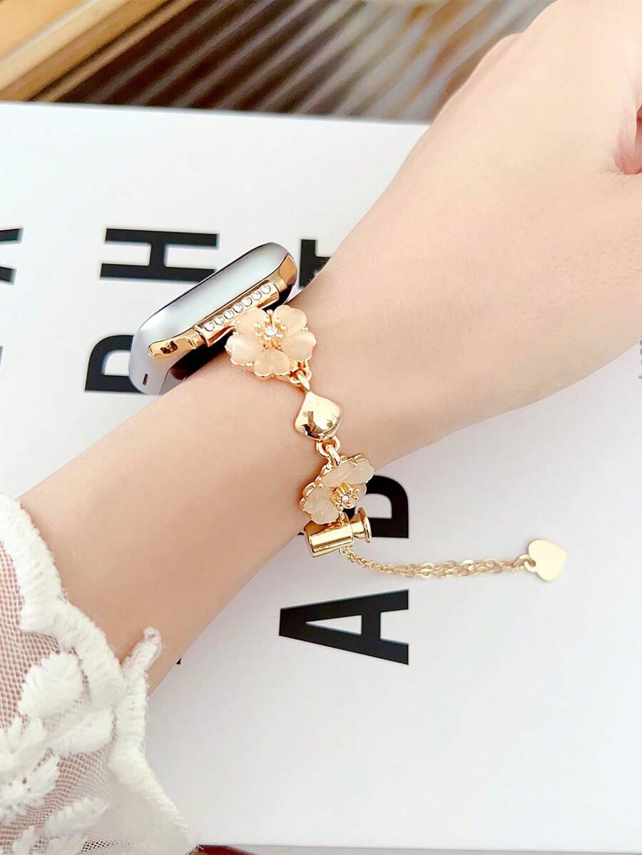 1 Peça Pulseira Compatível com Apple Watch Band 38mm 40mm 41mm 42mm 44mm 45mm 49mm (S10 42)mm (S10 46)mm, Estilo Fashionista Ins, Compatível com Series Ultra/SE/S10/S9/8/7/6/5/4/3/2/1, Acessório de Moda Feminina para Relógio Inteligente, Presente de Dia dos Namorados/Aniversário, Pedra de Olho de Gato em Forma de Flor de Cinco Pétalas com Formato de Coração