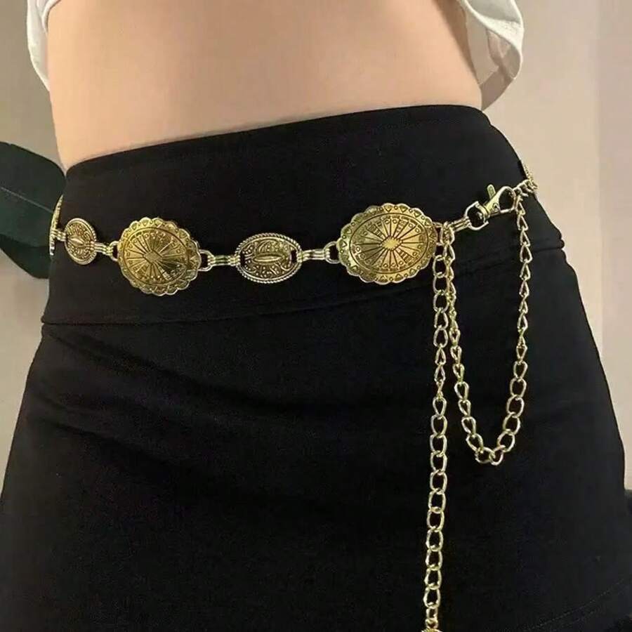 1 pièce Chaîne de ceinture ronde vintage de style occidental en disque doré oxydé avec gravure, accessoire