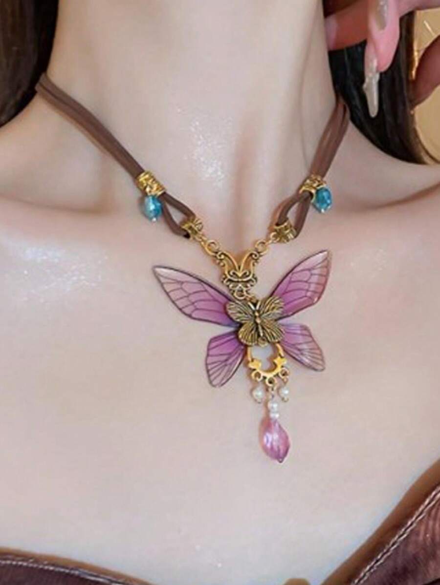 Vintage Elegant Exquisite Chic Purple Butterfly Necklace For Woman Daily Vacation Music Festival Party Gift For Her Gift From A Best Friend
