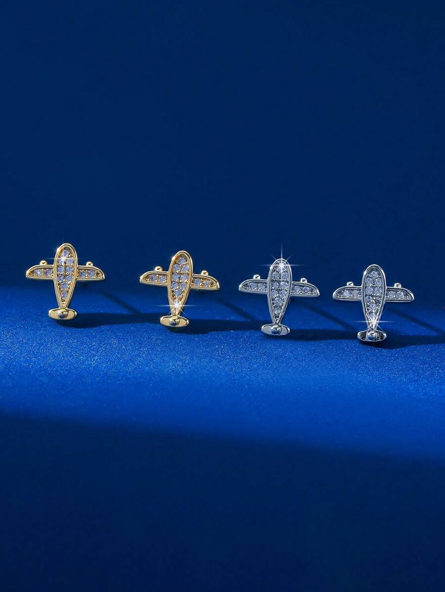 1 Pair Zirconia Crystal Cute Mini Airplane Stud Earrings, Unique Creative Design, Suitable For Women, Birthday, Gifts For Friends