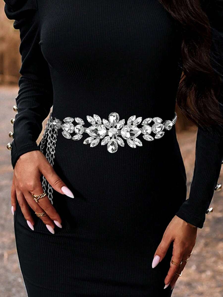 1pc Women's Silver Color Chain Belt With Rhinestone Embellishment, Elegant