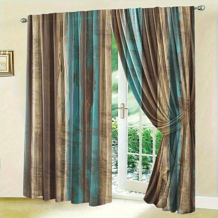 2pcs Rustic Wooden Blackout Curtains - Brown & Teal Plank Farmhouse Drapes For Bedroom & Living Room, Semi-Transparent, Washable Polyester, Rod Pocket Hanging, 21. 65x59/41. 34x82. 68/44. 5x90. 55 Inch, Bedroom Decor | Rustic Curtains | Washable Fabric, Curtains For Living Room