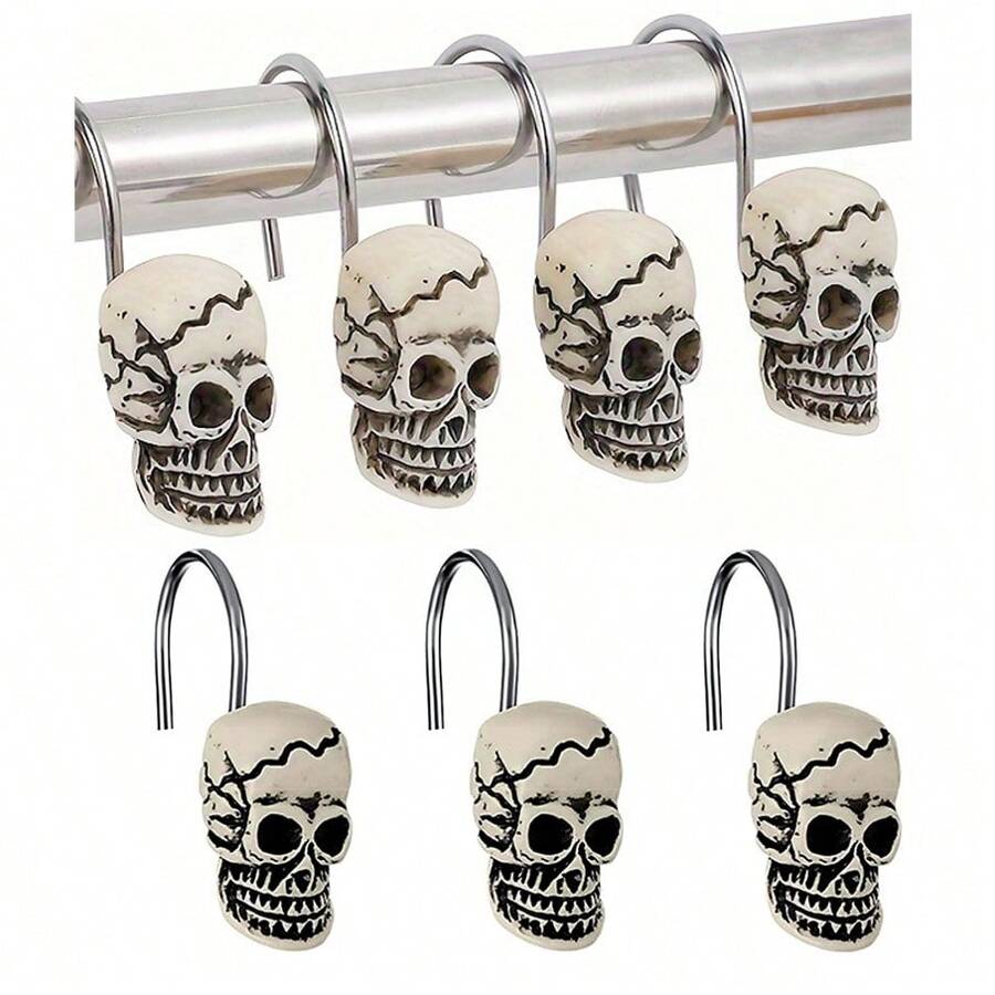12/20 pièces Crochets de rideau de douche squelette Halloween, anneaux de rideau de douche décoration squelette, crochets de salle de bain en acier inoxydable, décoration squelette maison Halloween (style bizarre)