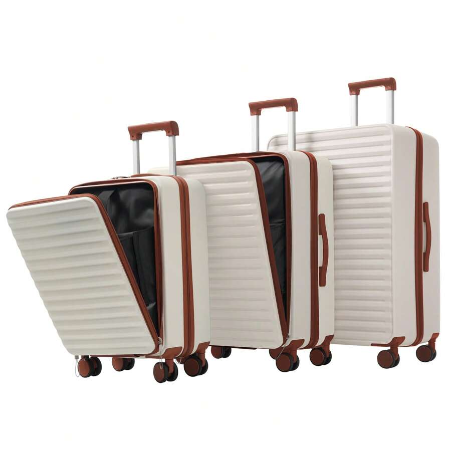 Valigia a tre pezzi - 20/24/28 pollici, innovativo design di apertura frontale + portabicchieri pieghevole, materiale ABS, lucchetto TSA, ruote universali a 360°, valigia da viaggio per famiglie