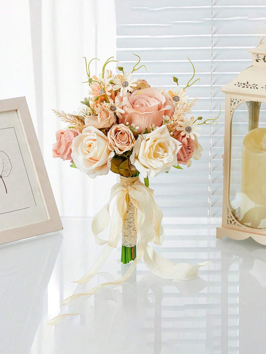 1 Bundle Of Wedding Champagne Color Artificial Hand Bouquet Artificial Rose Wedding Bouquet For The Bride