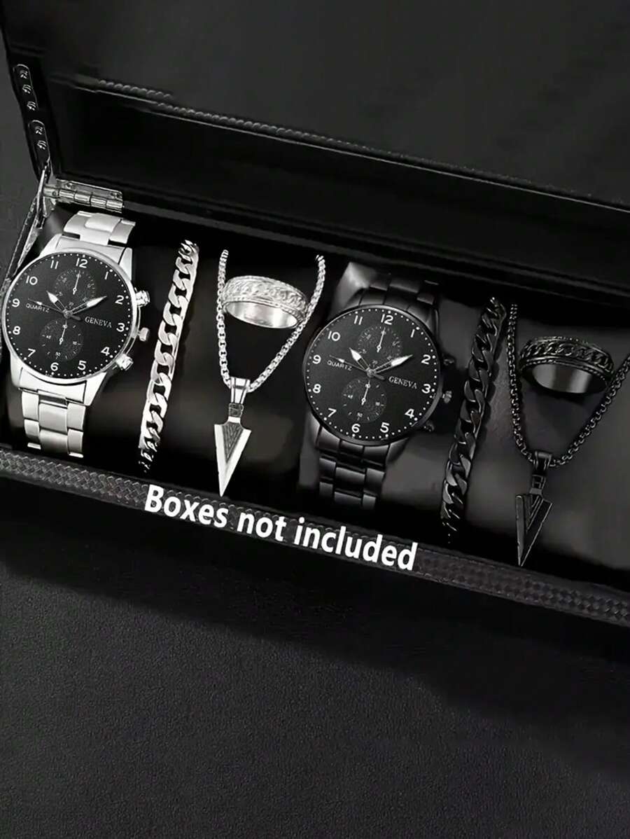 8 pièces/ensemble Montre à quartz mode affaires pour hommes, cadran rond minimaliste, bracelet en alliage de zinc, bague, collier pendentif - convient pour le port quotidien, anniversaire, fête, Ramadan, Nouvel An, Halloween, Pâques, Saint-Valentin, Aïd al-Fitr, accessoires de montre