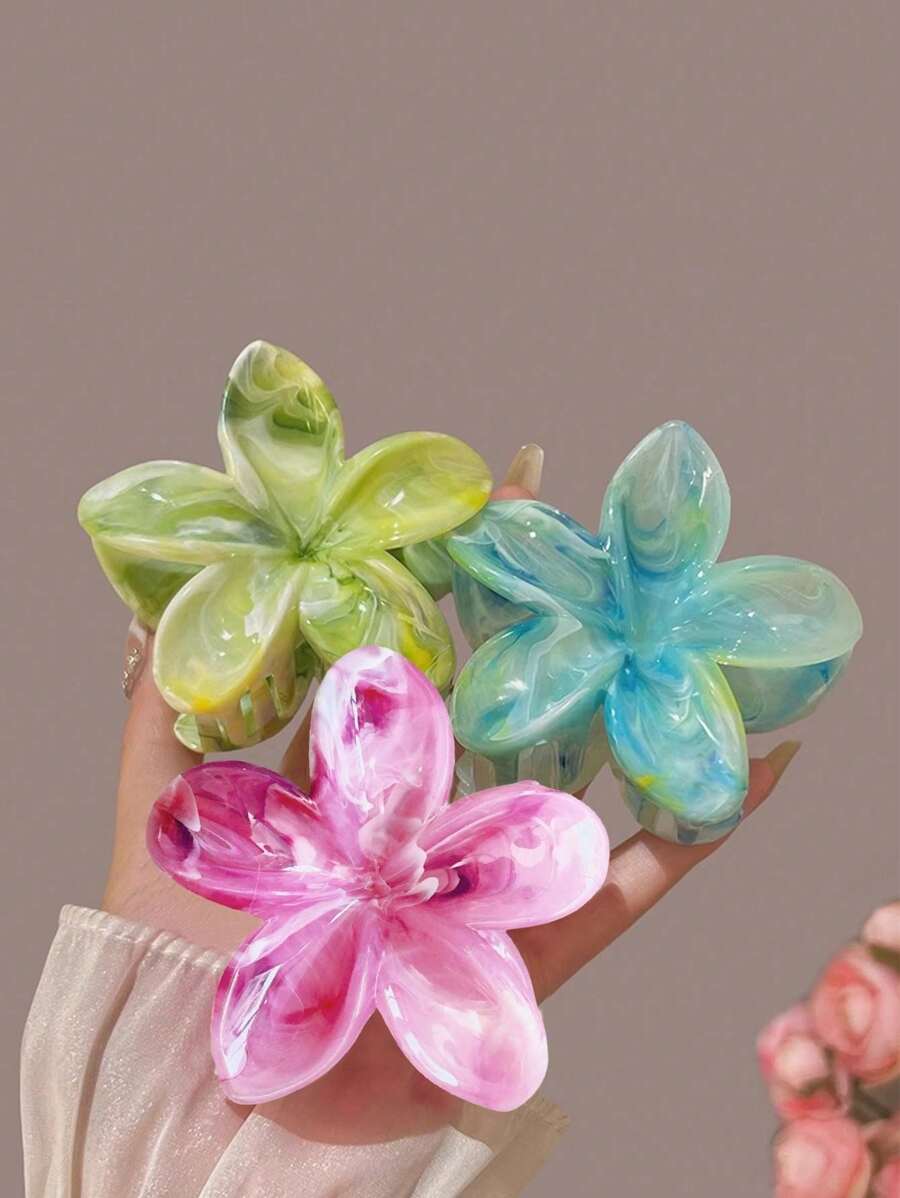 3 buc cleme de păr pentru femei, roz și verde, ombre, mari, 8 cm/3,15 in, cu flori, plastic ușor, la modă, elegante, simple, culoare solidă, potrivite pentru zi cu zi, casual, petrecere, naveta, vacanță, coc, coadă de cal, spălatul feței, machiaj, accesoriu de ținută